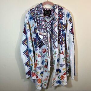 Johnny Was Biya Embroidered Hooded Cardigan White Floral Large Women’s